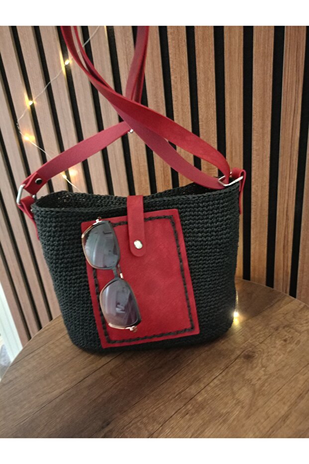 Straw Handbag, Leather Pocket Detail Bag, Mini Bag,
