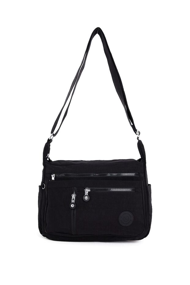 Women's Medium Size 7 Compartments Water Resistant Crinkle Fabric Black Crossbody Shoulder Bag