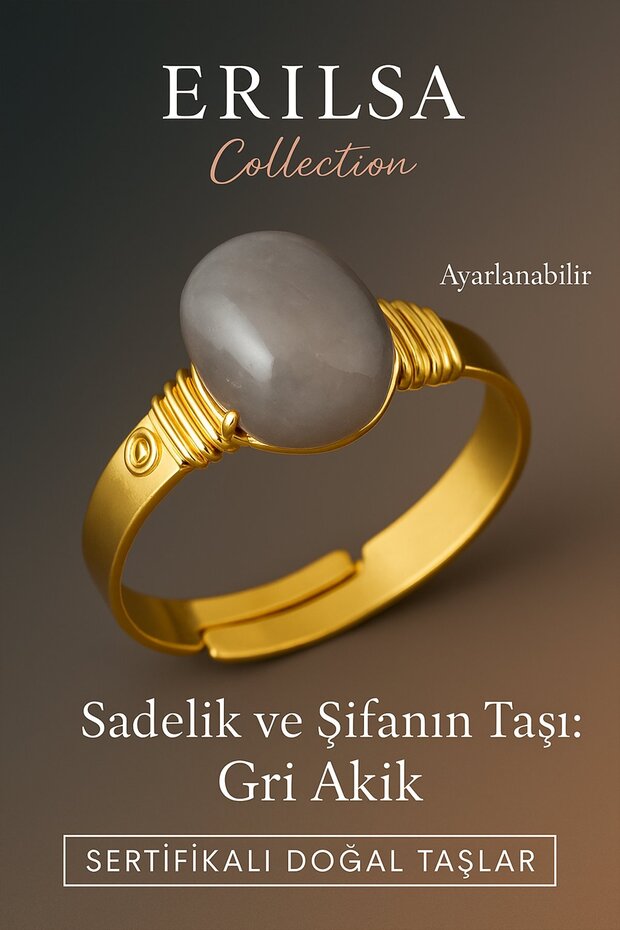 خاتم من حجر العقيق الرمادي الطبيعي المعتمد - علبة سميكة قابلة للتعديل بلون ذهبي