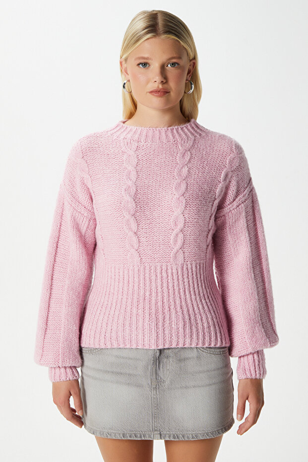 Kadın Stay Yumuşak Doku Saç Örgü Kalın Pembe Triko Kazak KZ00174 - 6