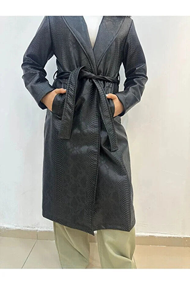 Snake Patterned Belted Trench Coat - 3