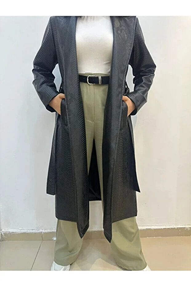 Snake Patterned Belted Trench Coat - 1