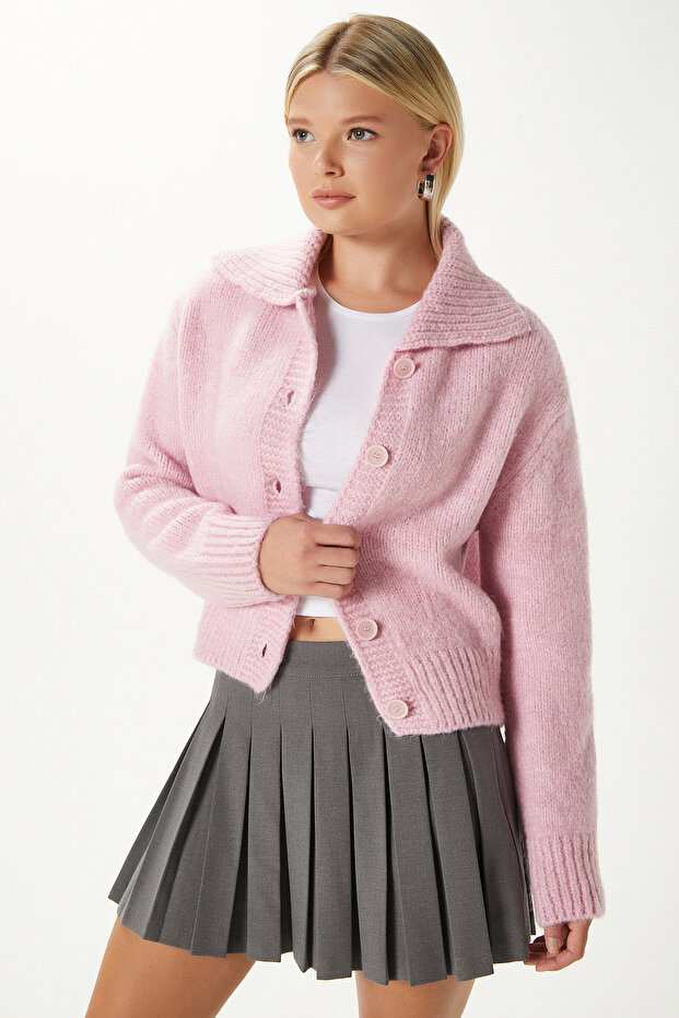 Women's Lean Soft Texture Polo Neck Pink Basic Knitwear Cardigan Hi00179