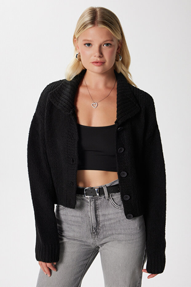 Kadın Lean Yumuşak Doku Polo Yaka Siyah Basic Triko Hırka HI00179 - 6