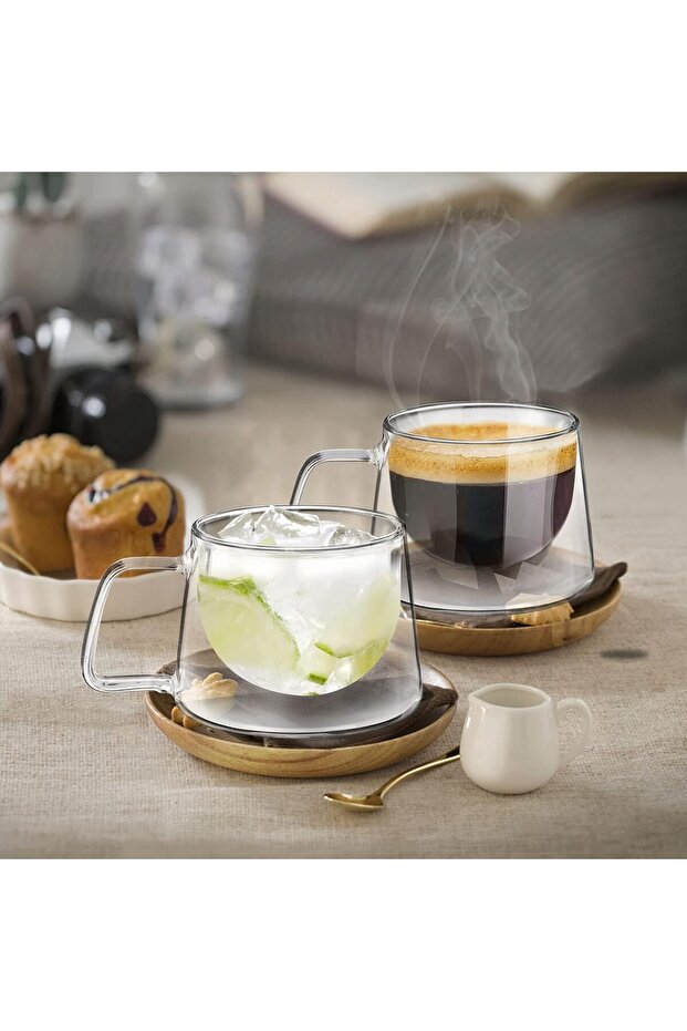 2 Adet Çift Camlı Çift Çidarlı Borosilikat Isı Yalıtımlı Modern, Şık Kulplu Kupa Fincan 200ml - 1