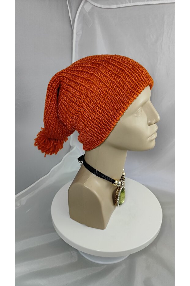 Çift Kat Turuncu Dev Ponponlu Uzun Bere - 8