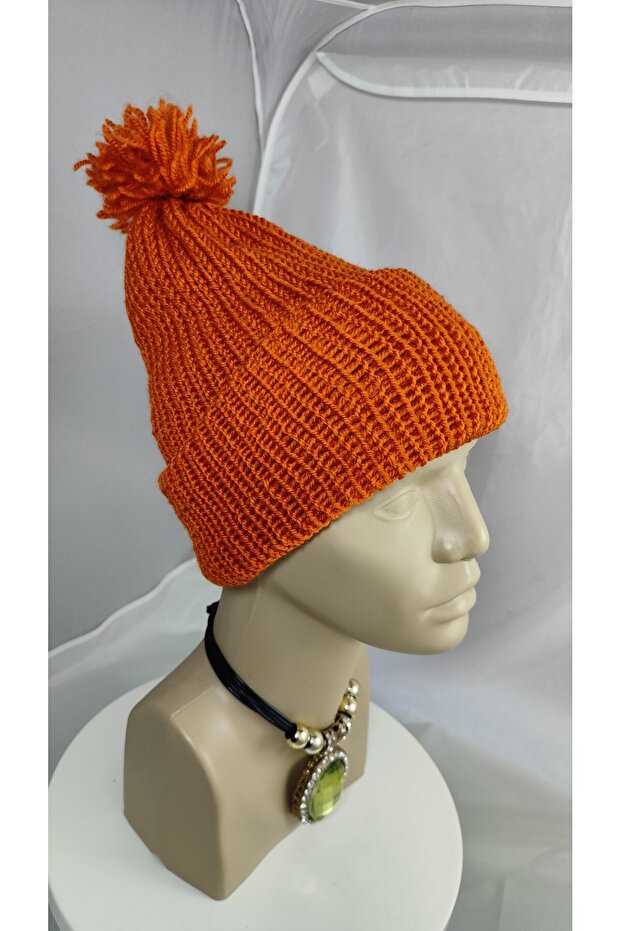 Çift Kat Turuncu Dev Ponponlu Uzun Bere - 7