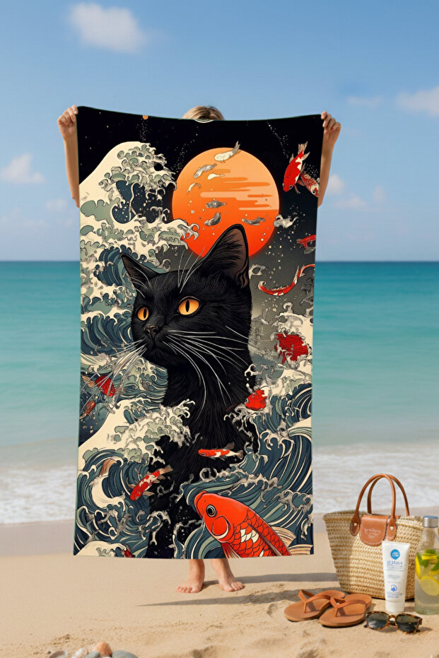 منشفة شاطئ قطنية بنمط القط الأسود – تصميم منقوش - 2
