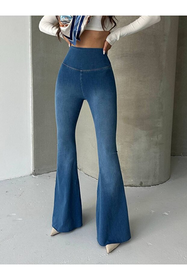 Beark yüksek bel likralı İspanyol paça kot tayt pantolon - 5