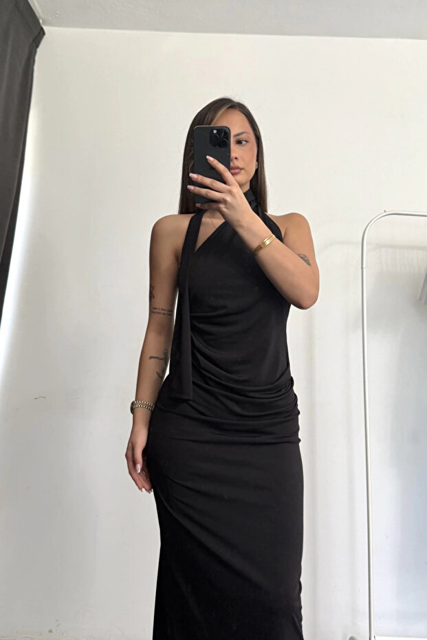 Drapeli Fular Detaylı Uzun Elbise - 3