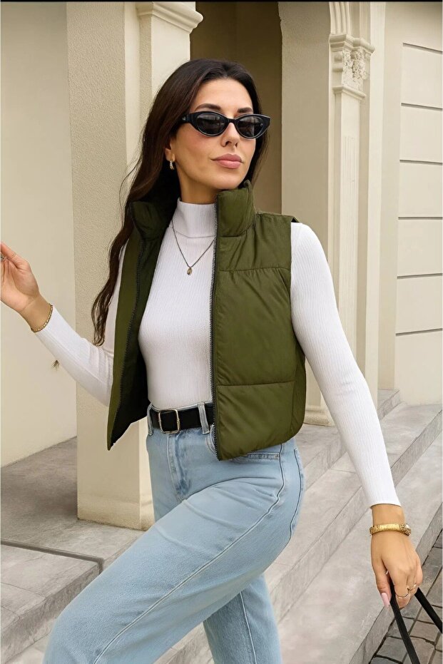 Women's Double-Sided Wearable Pocket Sleeveless Crop Puffer Coat Vest
