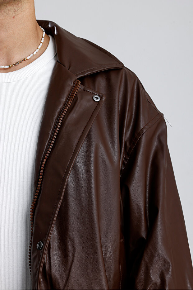 Oversize Bomber Deri Ceket - 8