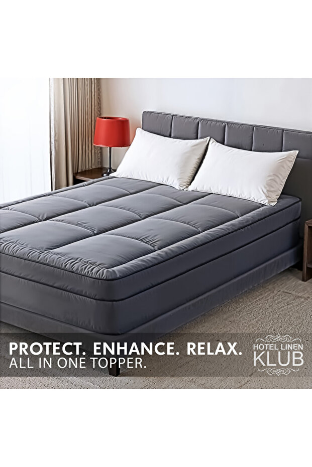 Premium Fitted-Style Mattress Topper 9cm/800GSM with deep pocket and all around elastic - Dark Grey