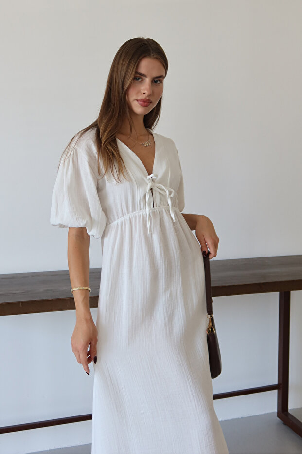 Kadın Hafif Transparan Basic Önden Bağlamalı Müslin Elbise 4043 - 5