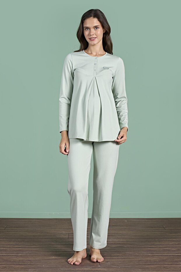 Women's Green Color Half Button Long Sleeve Maternity Pajamas Set C6T4N91