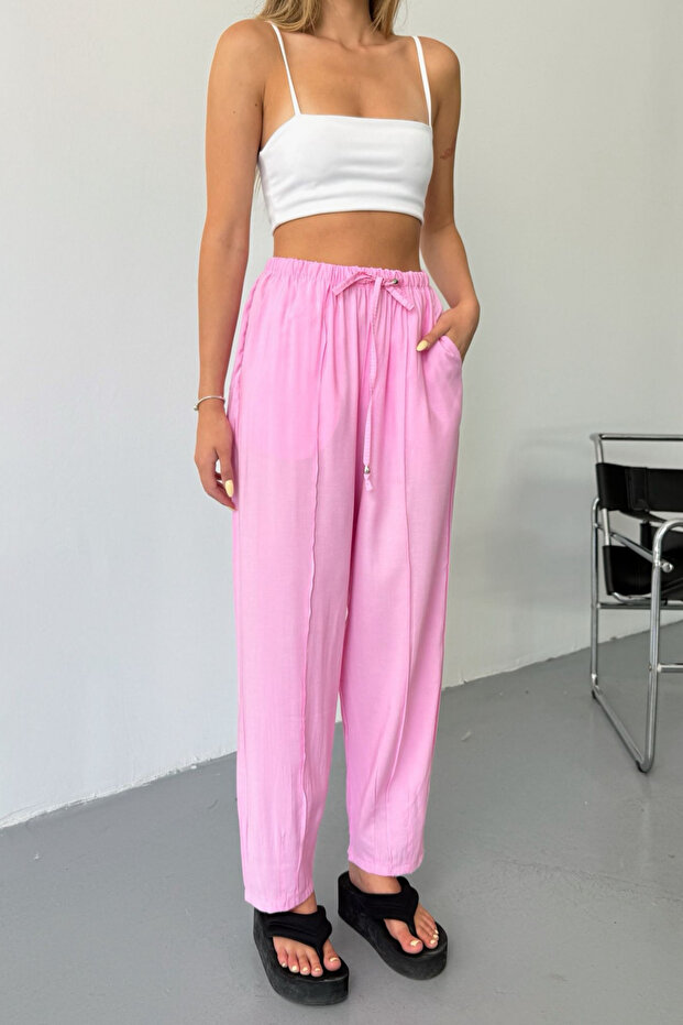 Kadın Lyocell Dokuma Beli Lastikli Çımalı Şalvar Pantolon 4042 - 4