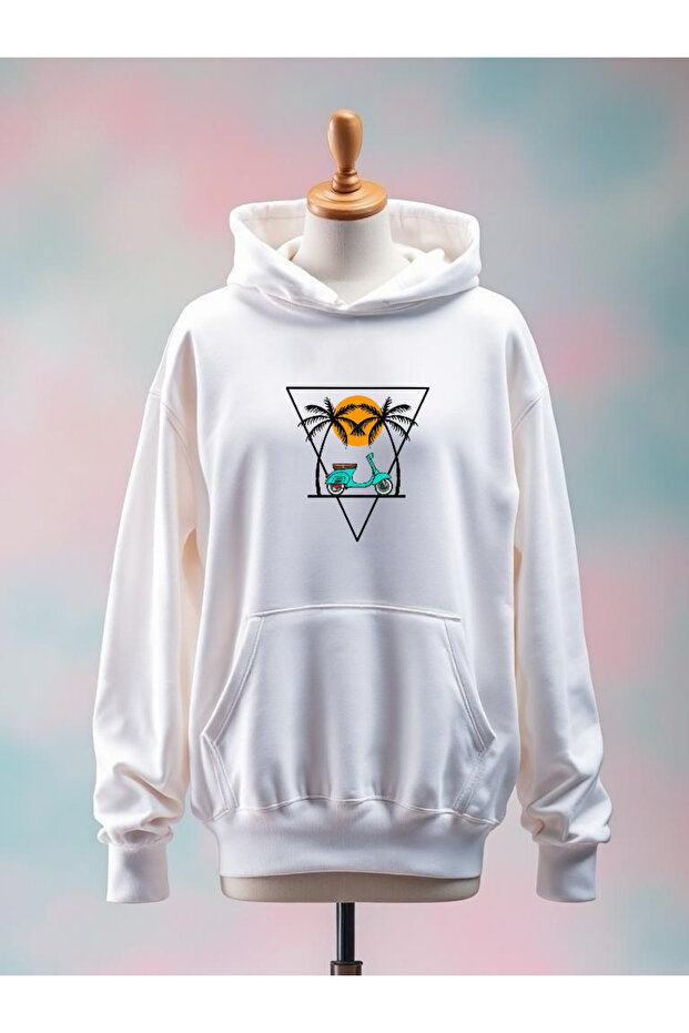 Motorcycle Printed Cotton 3 Thread Oversize White Sweatshirt