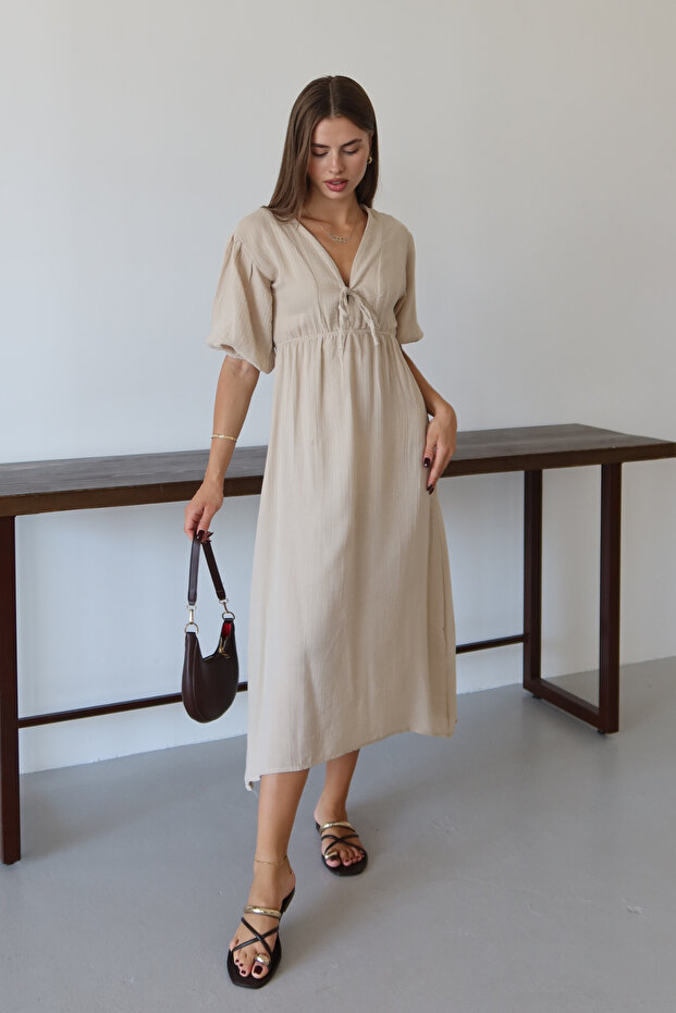 Kadın Hafif Transparan Basic Önden Bağlamalı Müslin Elbise 4043 - 4