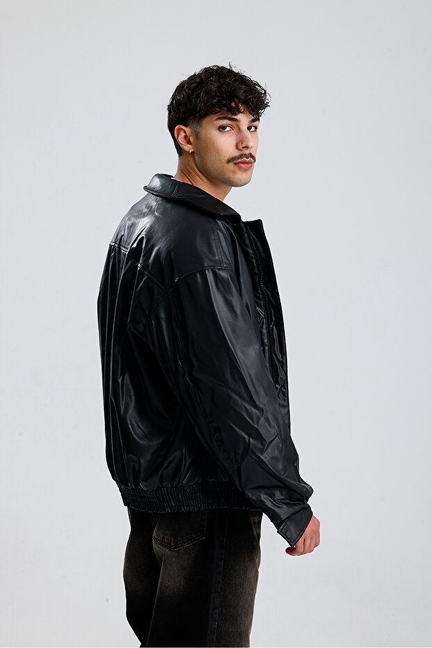 Oversize Bomber Leather Jacket - 4