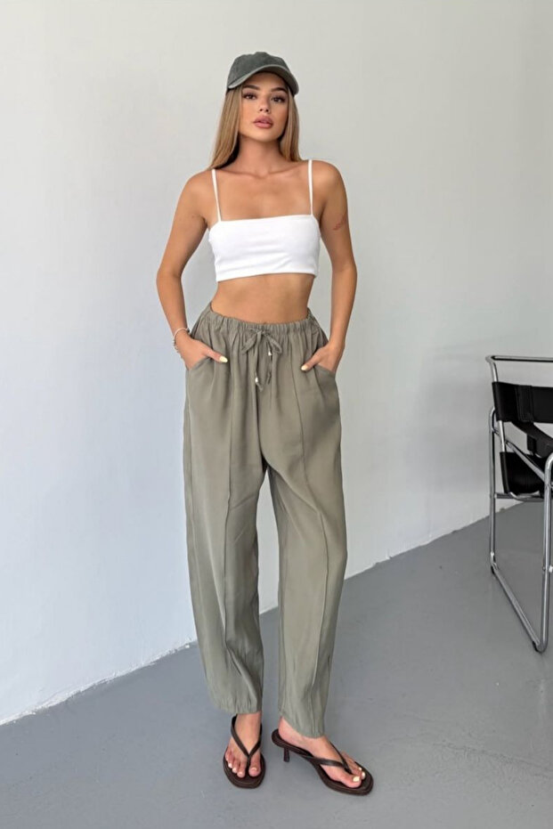 Kadın Lyocell Dokuma Beli Lastikli Çımalı Şalvar Pantolon 4042 - 6