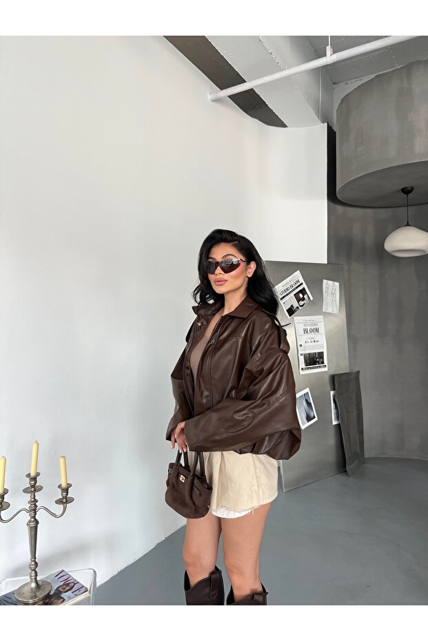 Kadın Oversize Bomber Deri Ceket - 4