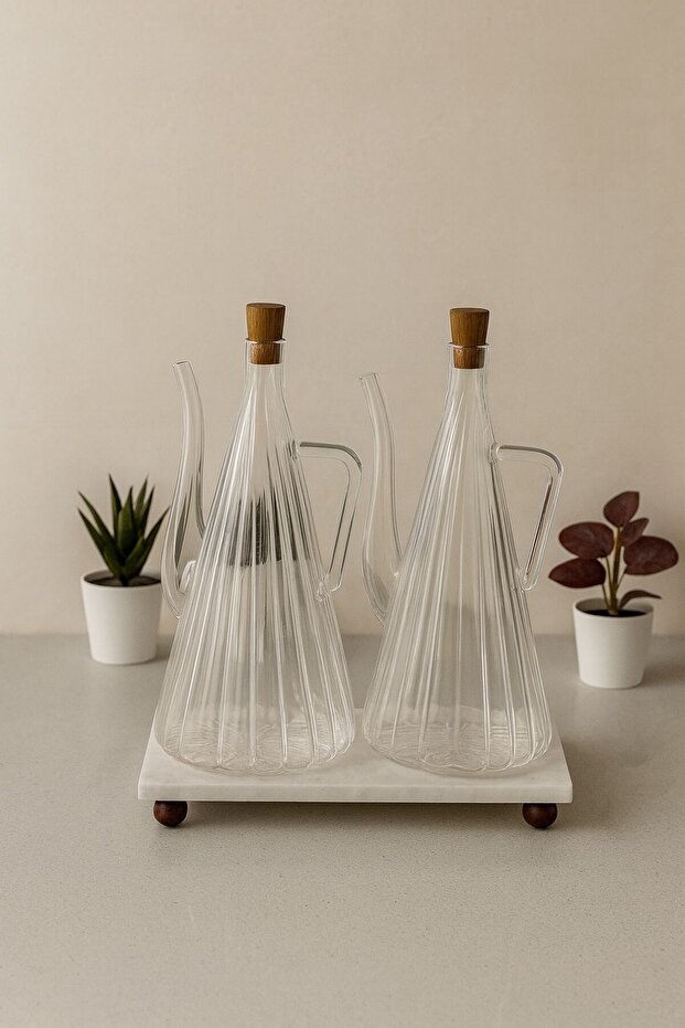2-Piece Glazzy Striped Design Oil Bottle & Sauce Bowl with Marble Stand 750 ml