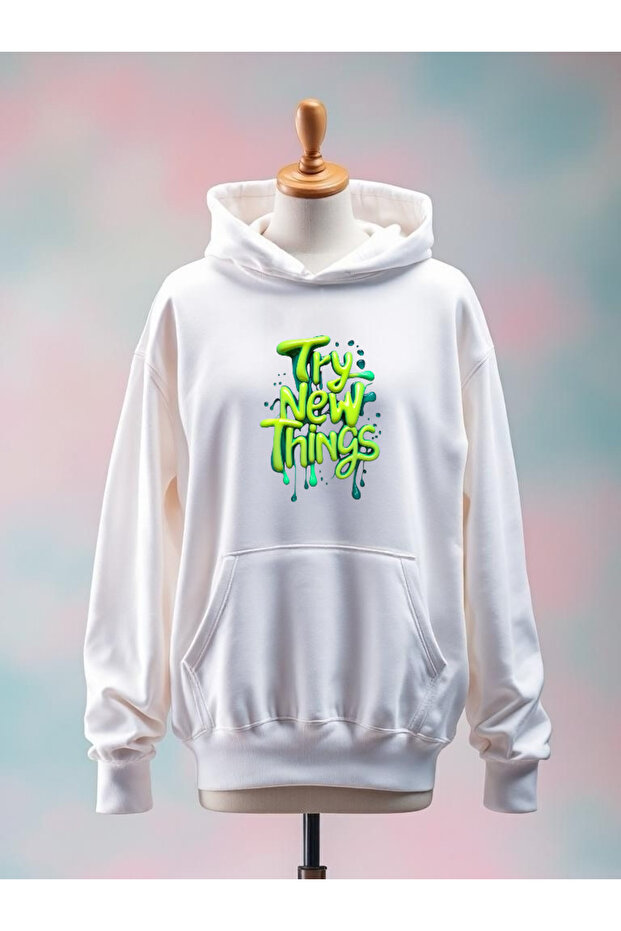 Try New Things Printed Cotton 3 Thread Oversize White Sweatshirt