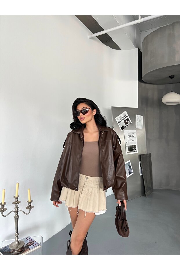 Kadın Oversize Bomber Deri Ceket - 2