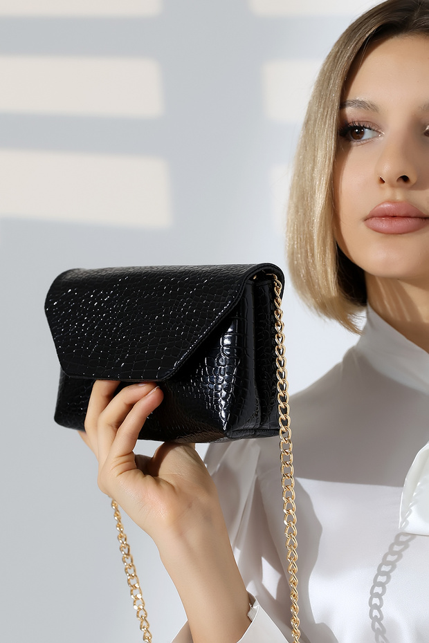 Black Patent Leather Women's Small Size Crocodile Patterned Shiny Stylish Bag with Chain Strap Shoulder and Hand Bag