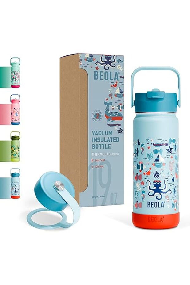 BEOLA 550ml Kids Water Bottle 18/8 Stainless Steel Double Wall Insulated Thermos Bottle with Straw L