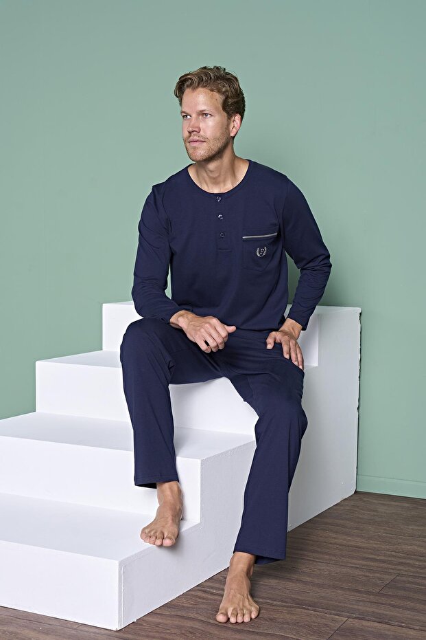 Men's Navy Blue Long Sleeve Button down Collar Pocket Detail Pajama Set C8T3N91