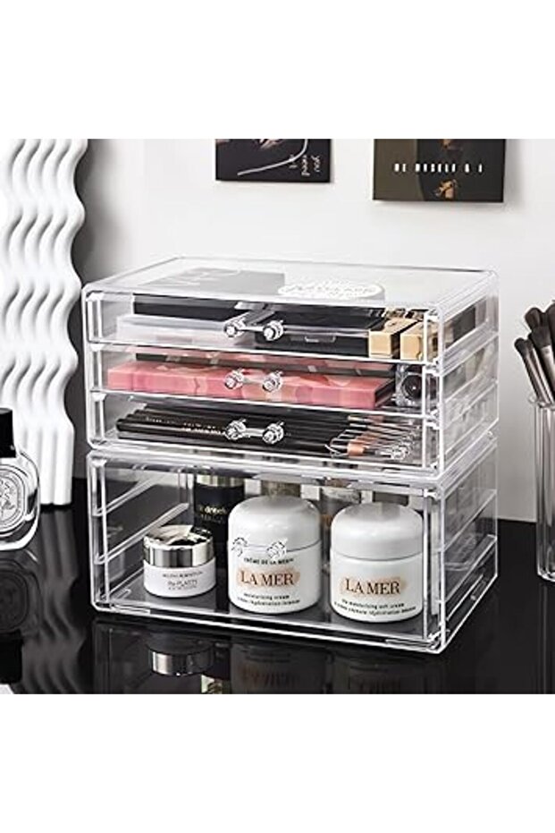 Fohome Stackable Storage Drawers, Clear Acrylic Makeup Organizer for Vanity, Plastic Drawer Organize