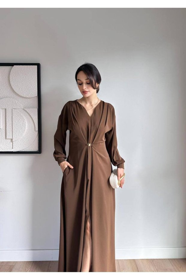 Women's Coffee Long Sleeve Metal Buckle Slit Maxi Dress