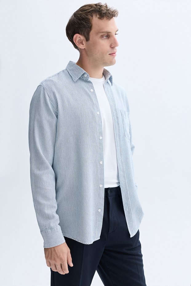 Men's White Lyocell Blend Regular Fit Striped Long Sleeve Shirt