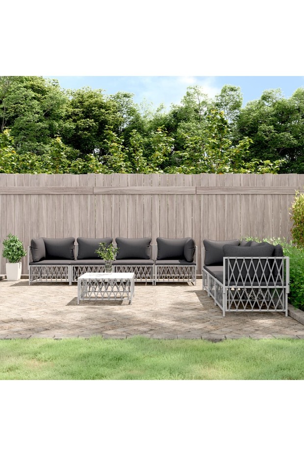 8 Piece Garden Lounge Set with Cushions White Steel