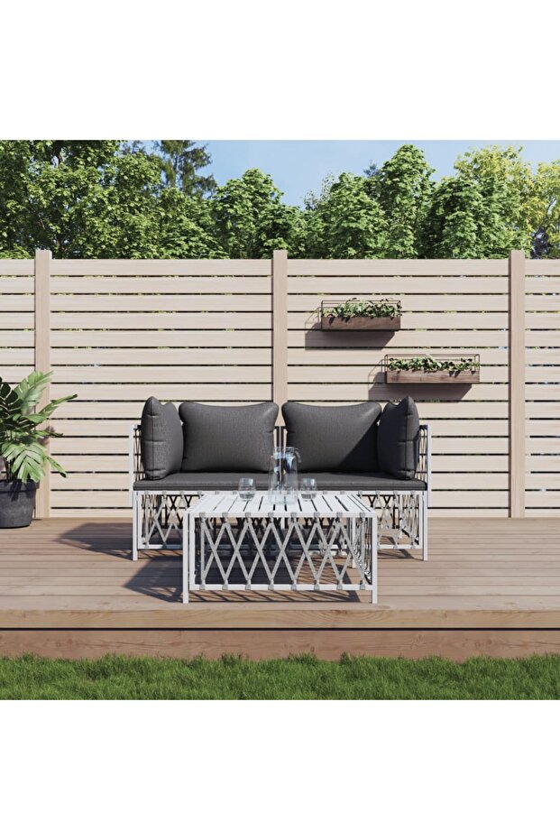 3 Piece Garden Lounge Set with Cushions White Steel