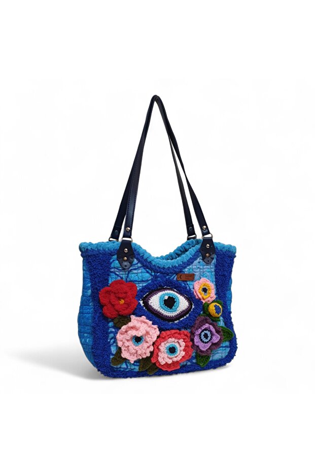 Crochet Knitted Flower Detailed Shoulder Bag, Handmade Custom Design Bag