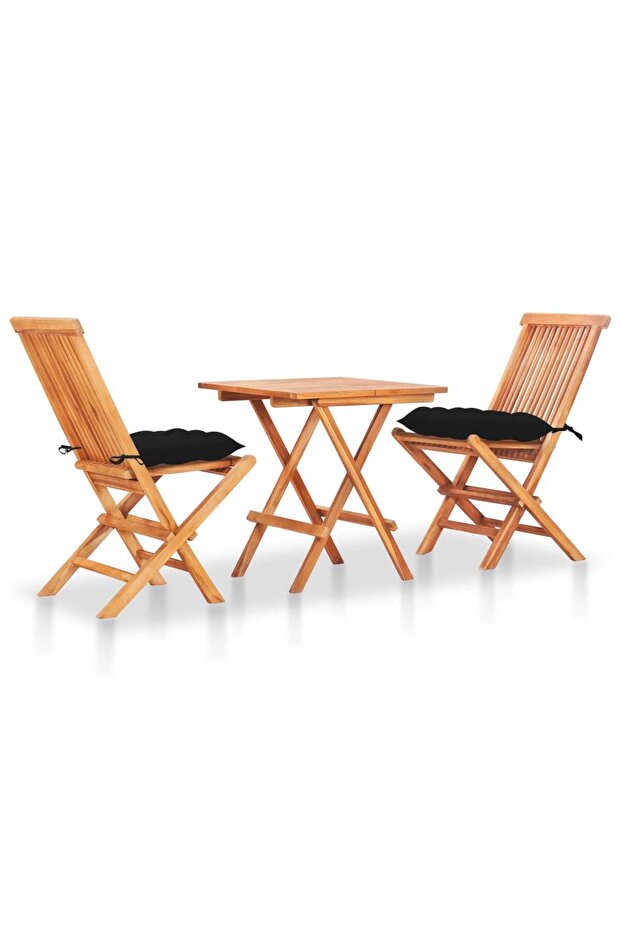 3 Piece Bistro Set with Black Cushions Solid Teak Wood