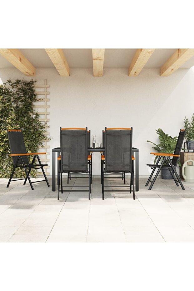7 Piece Garden Dining Set Black Aluminium