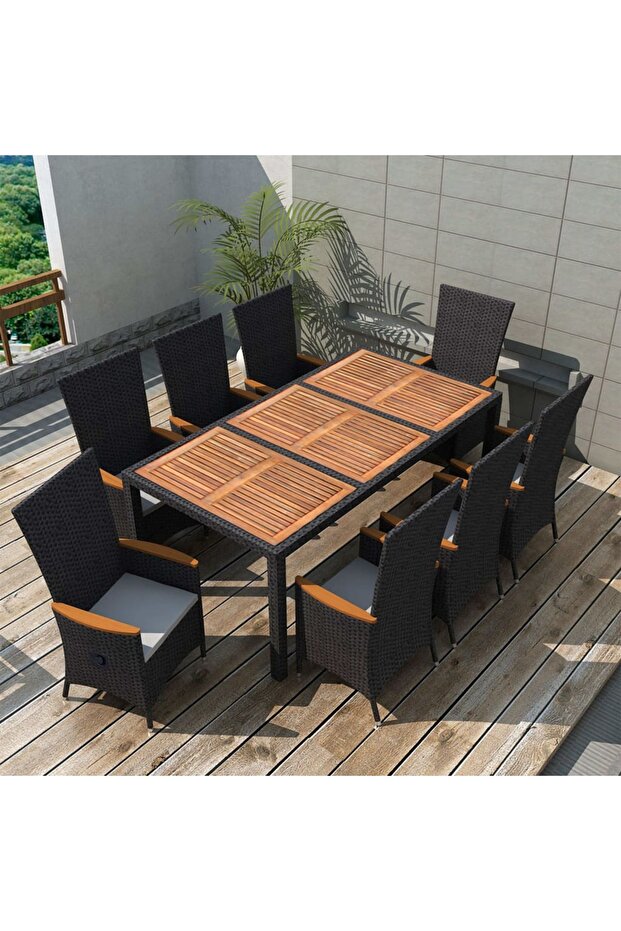 9 Piece Outdoor Dining Set Poly Rattan Acacia Wood Black