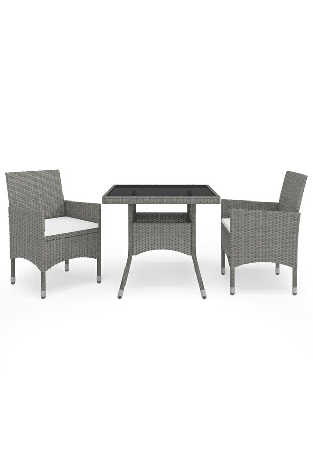 3 Piece Garden Dining Set Grey Poly Rattan and Glass