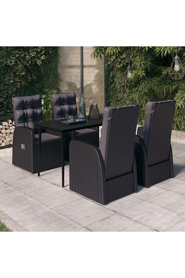 5 Piece Garden Dining Set with Cushions Black
