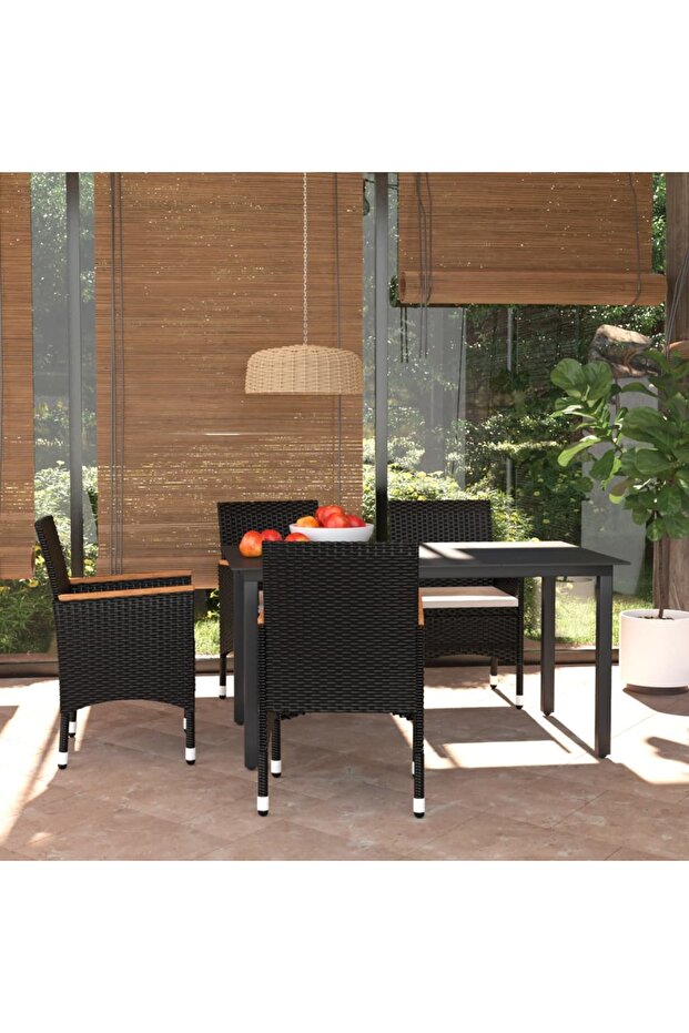 5 Piece Garden Dining Set with Cushions Poly Rattan Black