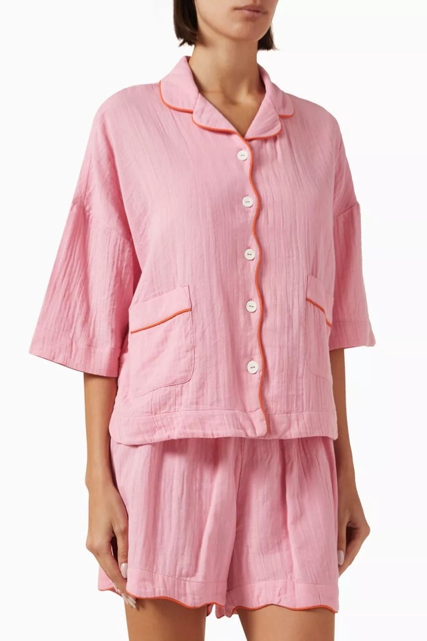 3 Pieces Cotton Pink Ruffle Pajama Set Elegant Detailed Luxury Design