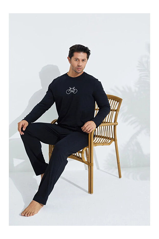 Men's Long Sleeve Cycling Embroidered Black Long Sleeve Combed Cotton Fabric Seasonal Pajama Set