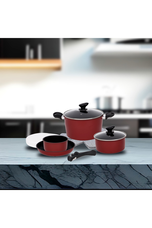 13-piece red non-stick cooking pot and pan set with removable handle, lids, all hobs - 1