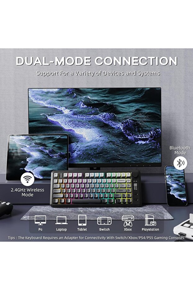 Freewolf M75 Kablosuz BT+2.4Ghz Oled TFT Ekranlı Membran Reinbow Aydınlatmalı Gaming Oyuncu Klavye - 4