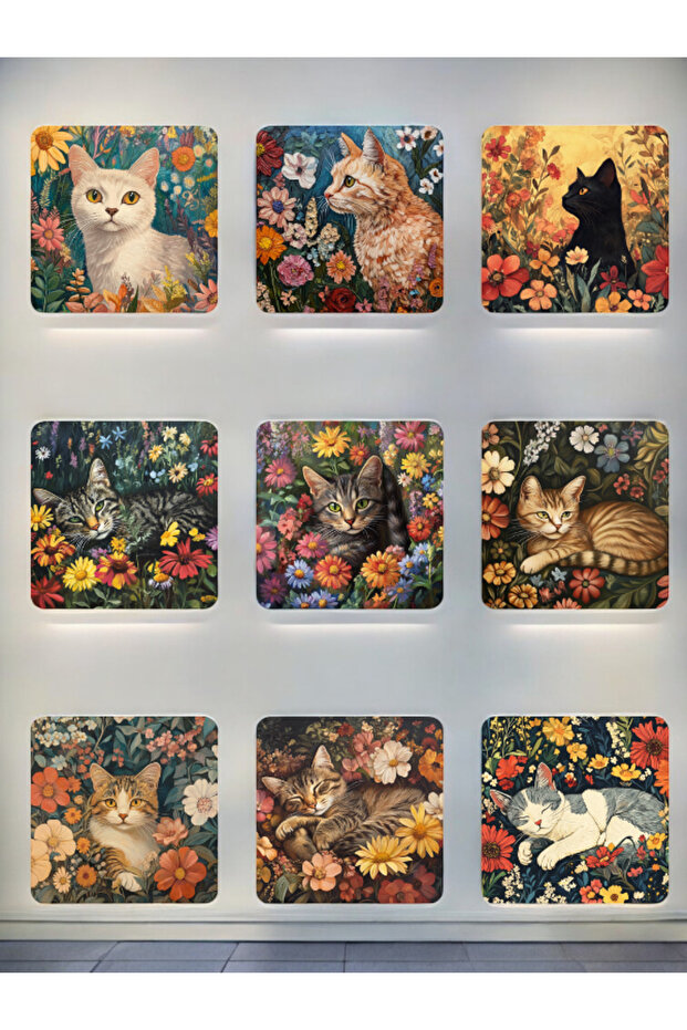 Cat Flower Printed 9-Piece Adf Coasters - Set of Coasters