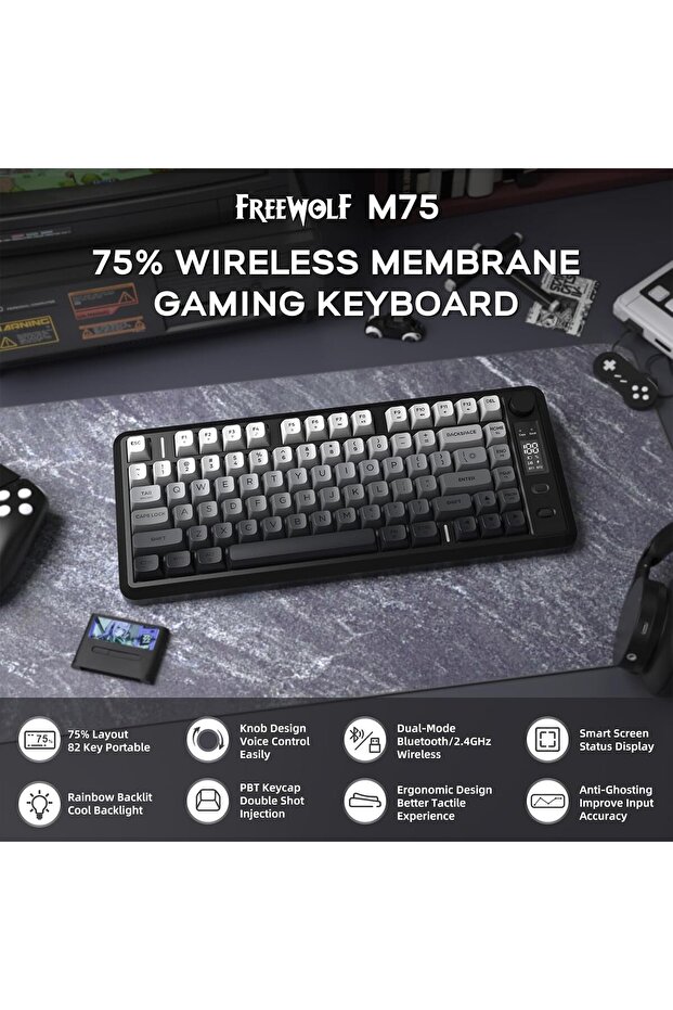 Freewolf M75 Kablosuz BT+2.4Ghz Oled TFT Ekranlı Membran Reinbow Aydınlatmalı Gaming Oyuncu Klavye - 7