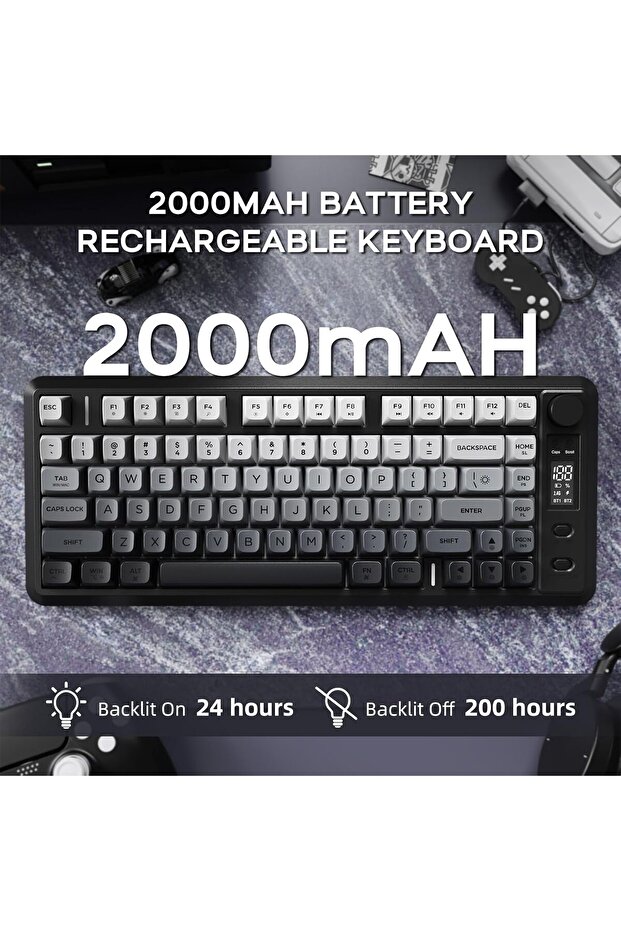 Freewolf M75 Kablosuz BT+2.4Ghz Oled TFT Ekranlı Membran Reinbow Aydınlatmalı Gaming Oyuncu Klavye - 5